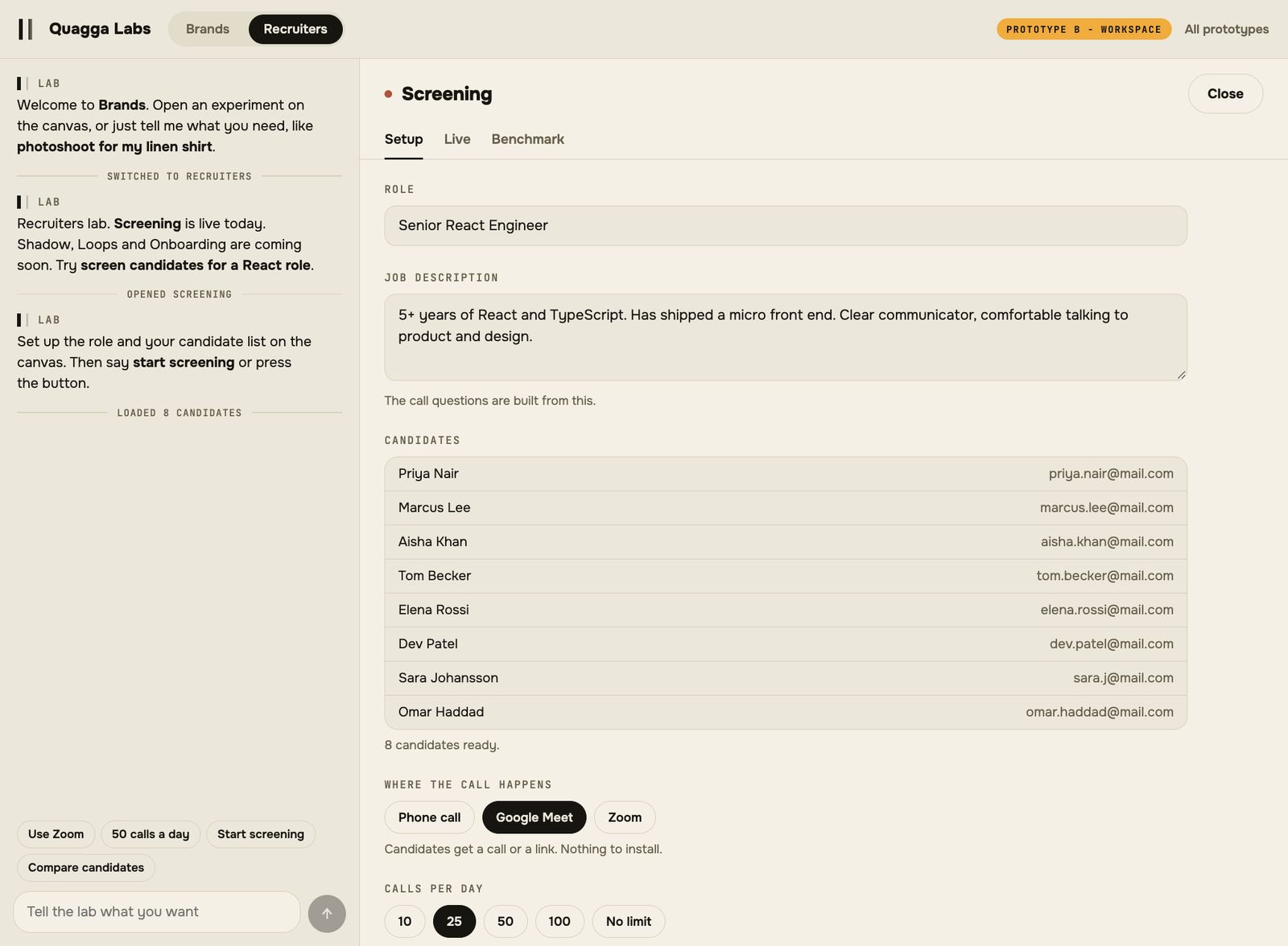 Screening setup screen with role, job description, candidate list and call channel